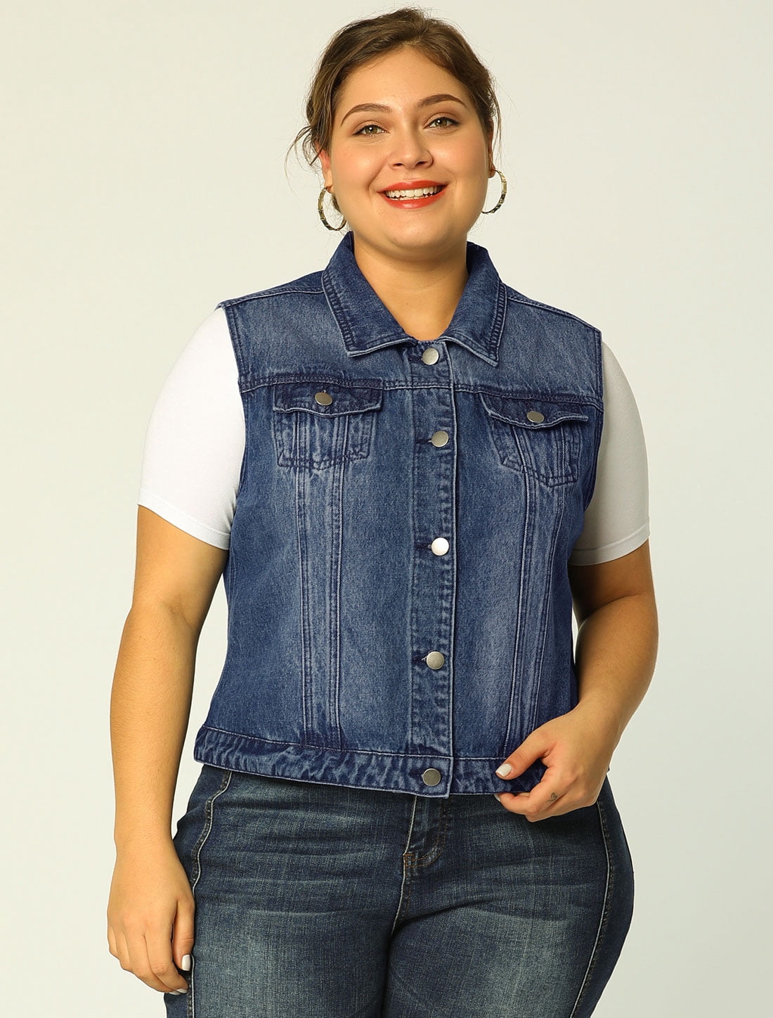 Unique Bargains Juniors' Plus Size Chest Pockets Single Breasted Denim Vest