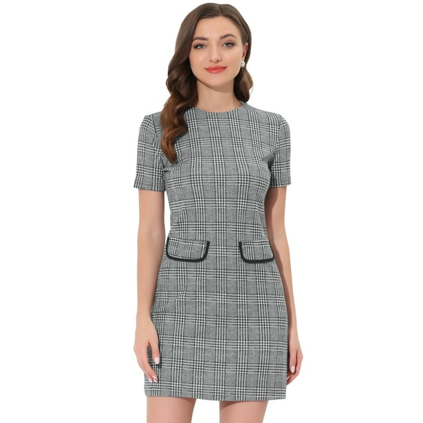 INSPIRE CHIC Vestido de tubo de oficina de negocios con patrón de manga corta y cuello redondo de pata de gallo vintage para mujer Negro XL