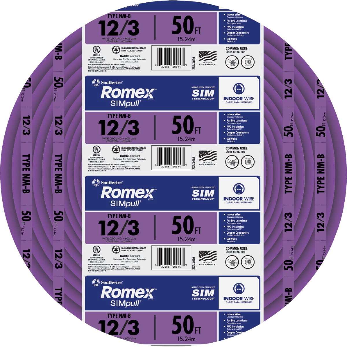 Romex 50 Ft. 12/3 Solid Purple NMW/G Electrical Wire 63947822