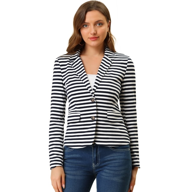 INSPIRE CHIC Blazer a rayas con cierre de botón y bolsillo con solapa con muesca para mujer Naval Blanca XL
