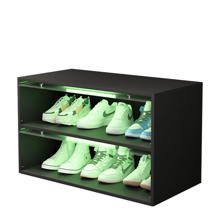 Shoe Display Cases with RGB LED Lights, 3-Tier Shoe Storage Cabinet with  Sliding Glass Door, Wooden Stackable Shoes Rack Shoe Storage Organizer for