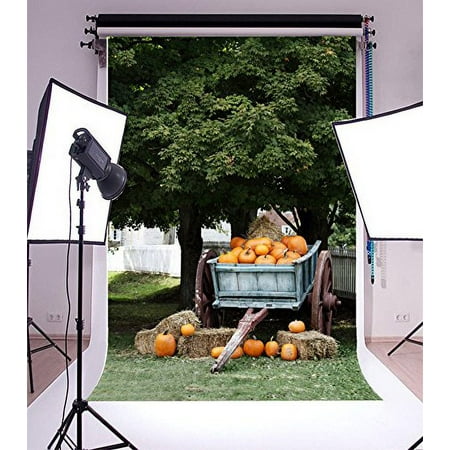 Image of GreenDecor 5x7ft Backdrop Photography Background Orange Pumpkins Wagon under Shady Oak Tree for Sale Autumn Harvest Nature Background Boys Cowboy Adults Portraits Backdrop Adult Halloween