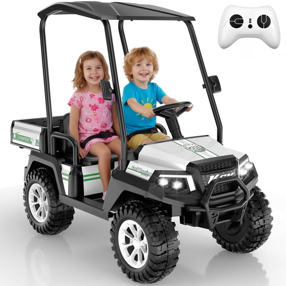 Kids Golf Cart, 24 Volt Ride on Cars, 4WD 2 Seater Electric Cars with Remote Control, Ride on Truck for Big Kids Ages 3-8, With Detachable Awning & Large Storage, 3 Speeds, Music, LED Lights, White