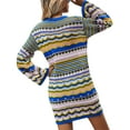 thumbnail image 6 of Inevnen Womens Crochet Knit Dress Rainbow Stripe Long Sleeve Bodycon Mini Dress, 6 of 7