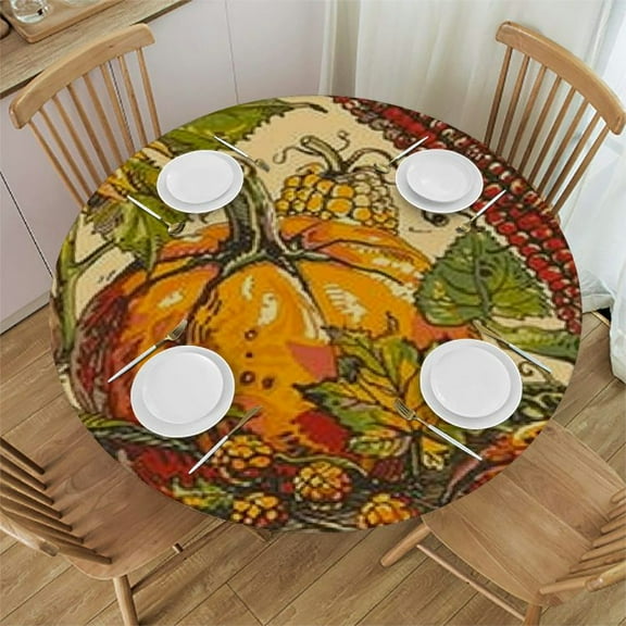 HAOXIT Fitted Round Tablecloth Colorful Pumpkins,Thanksgiving Fall Table Cover,Elastic Edged Table Cloth Fits Round Tables 31-35