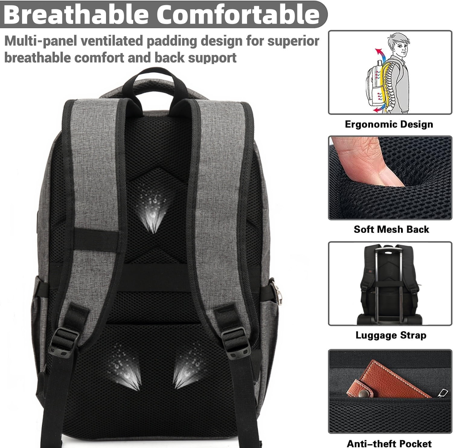 Travel Backpack with USB Port, Laptop Carry On Backpack, Waterproof Casual Daypack Computers Backpacks  for Women Men Weekender Trips, Business, School & Hiking, Gray