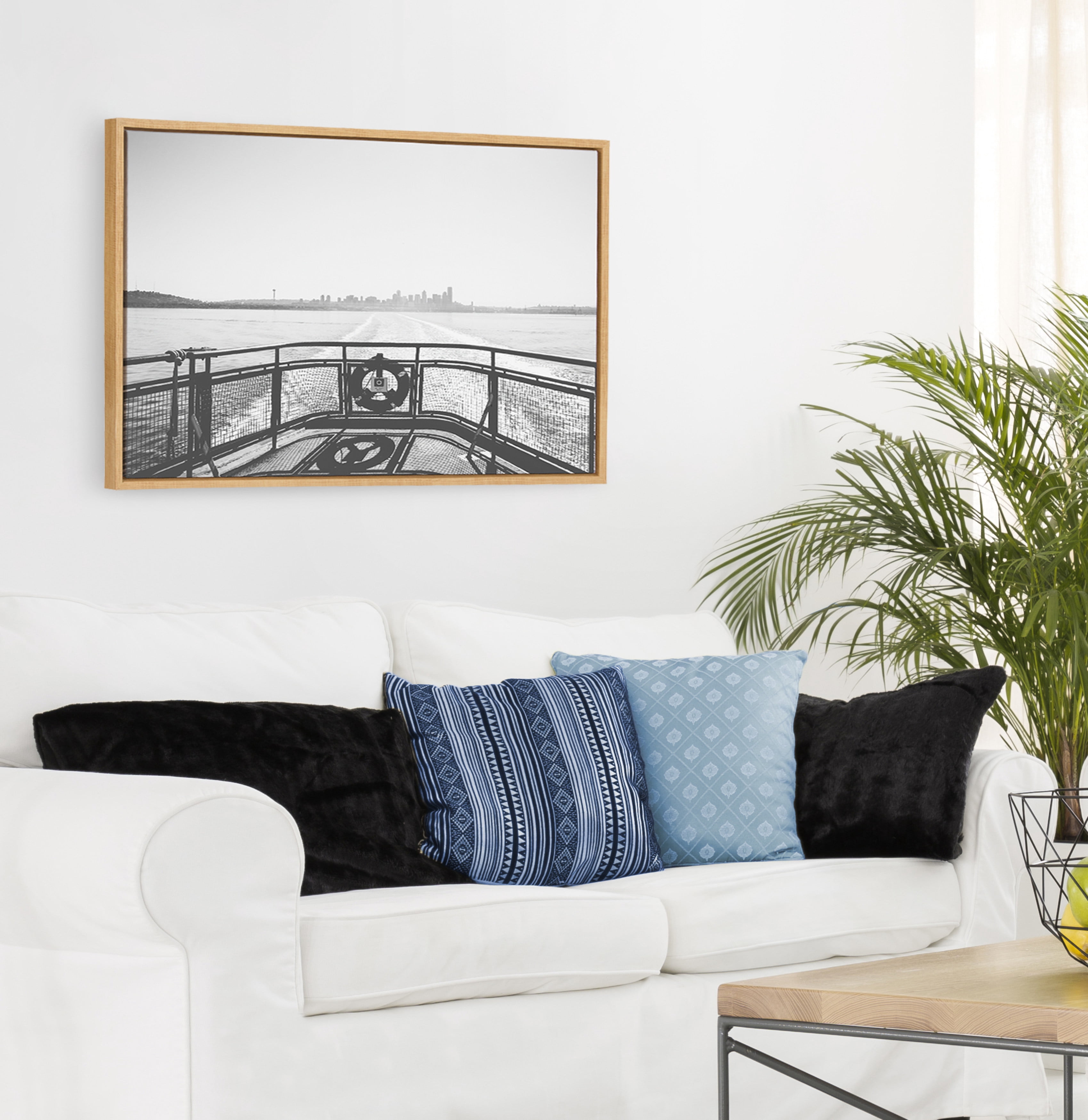 DesignOvation Sylvie Morning Ferry Framed Canvas Wall Art By Patricia Hasz, 23x33 Natural, Misty Coastal Wall Decor