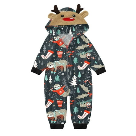 

Nokiwiqis Family Matching Christmas Pajamas Jumpsuits Cartoon Elk Santa Snowflake Deer Print Hooded Long Sleeve Zipper-Up Romper Sleepwear