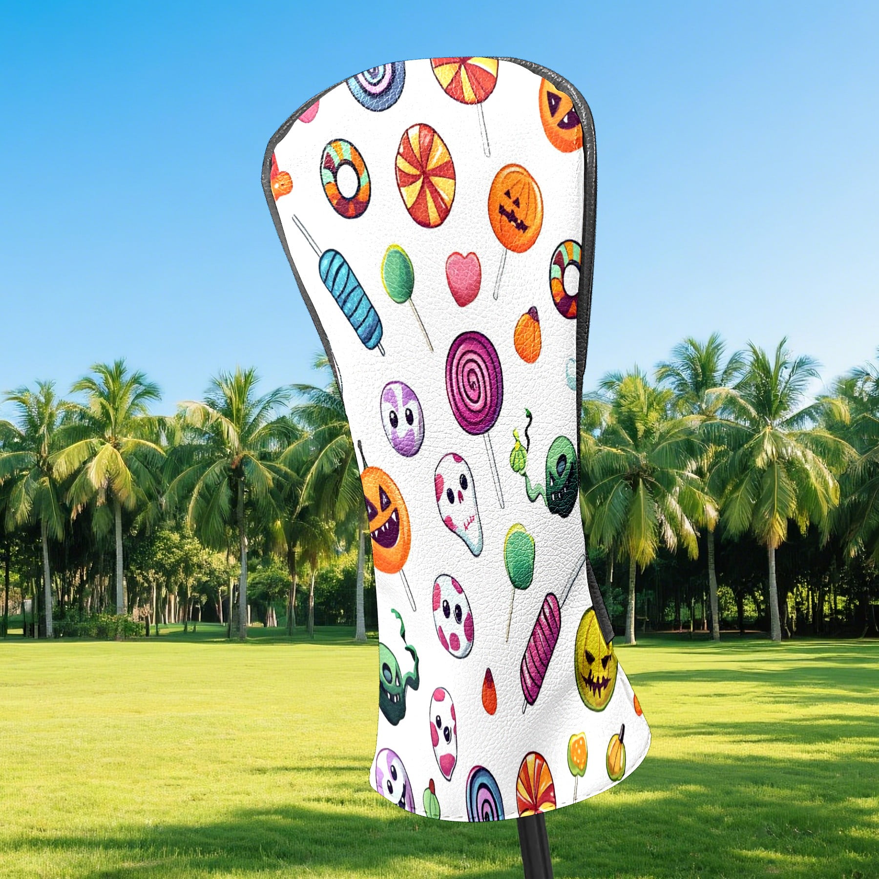 Golf Club Covers, Colorful HalloweenCandy Premium PU Leather Driver Hybrid Putter Head Covers with Velvet Lining, Waterproof Golf Gifts for Men Women