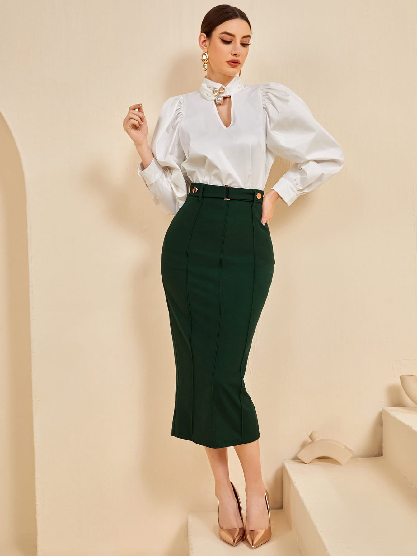 Button Front Split Hem Pencil Skirt XL 