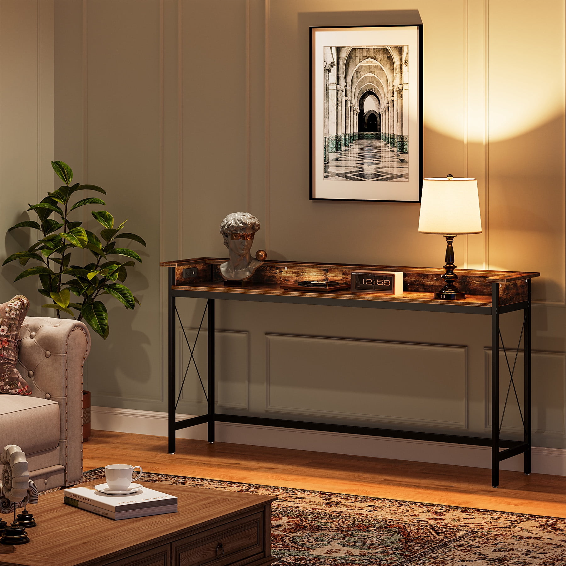 Tribesigns Industrial Sofa Table, 70.9" Long Console Table with Outlets and USB Ports for Entryway, Living Room, Brown