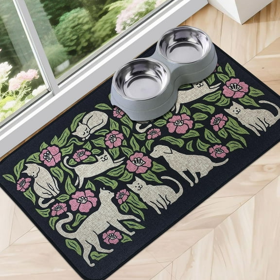 Dog Food Mats for Floors Waterproof, Absorbent Quick Dry Pet Cat Food Mat, Water Bowl Mats Pet Feeding, Eco-Friendly Accessories Pet Supplies (12"x20",Black Flower)