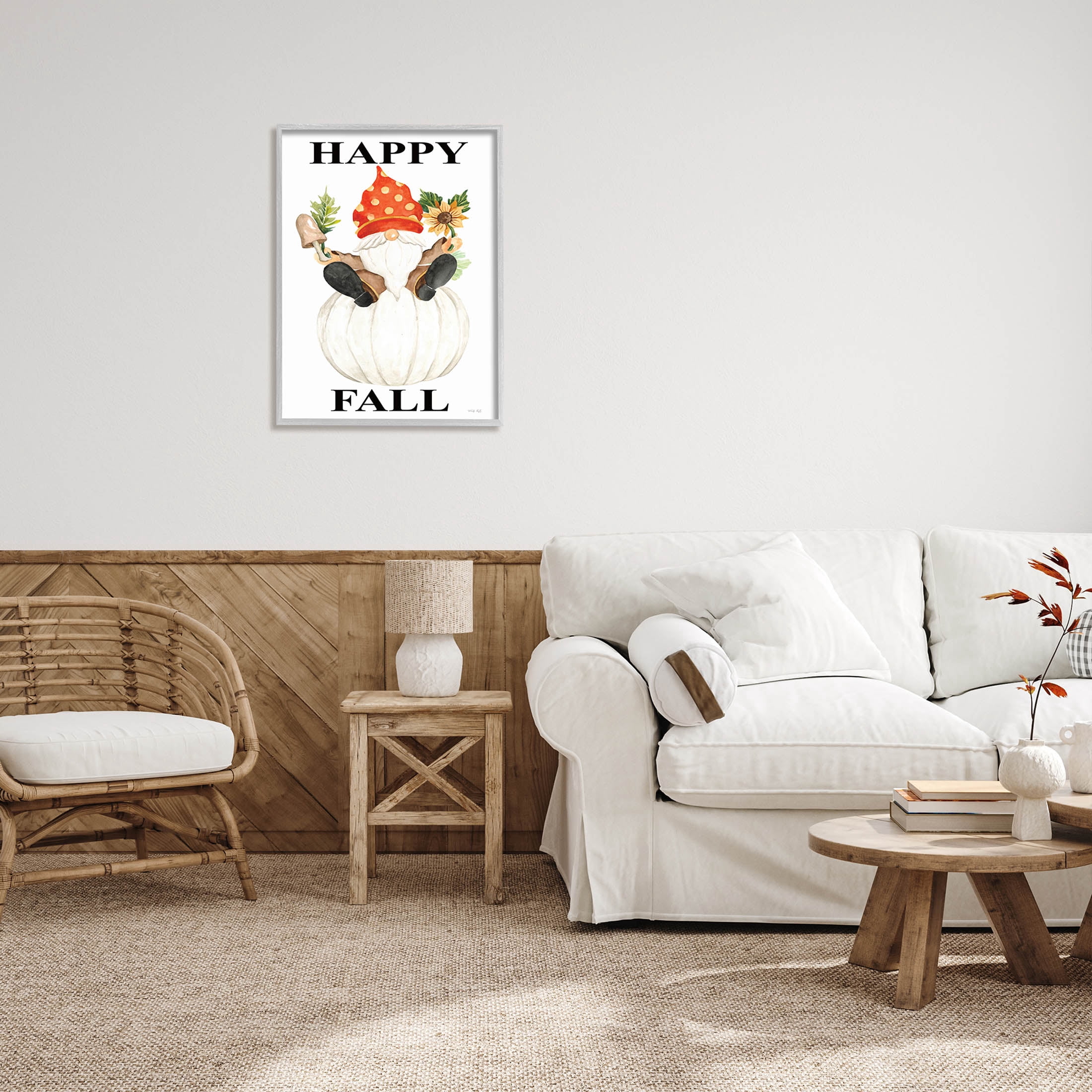 Happy Fall Whimsical Gnome Holiday Graphic Art Gray Framed Art Print Wall Art