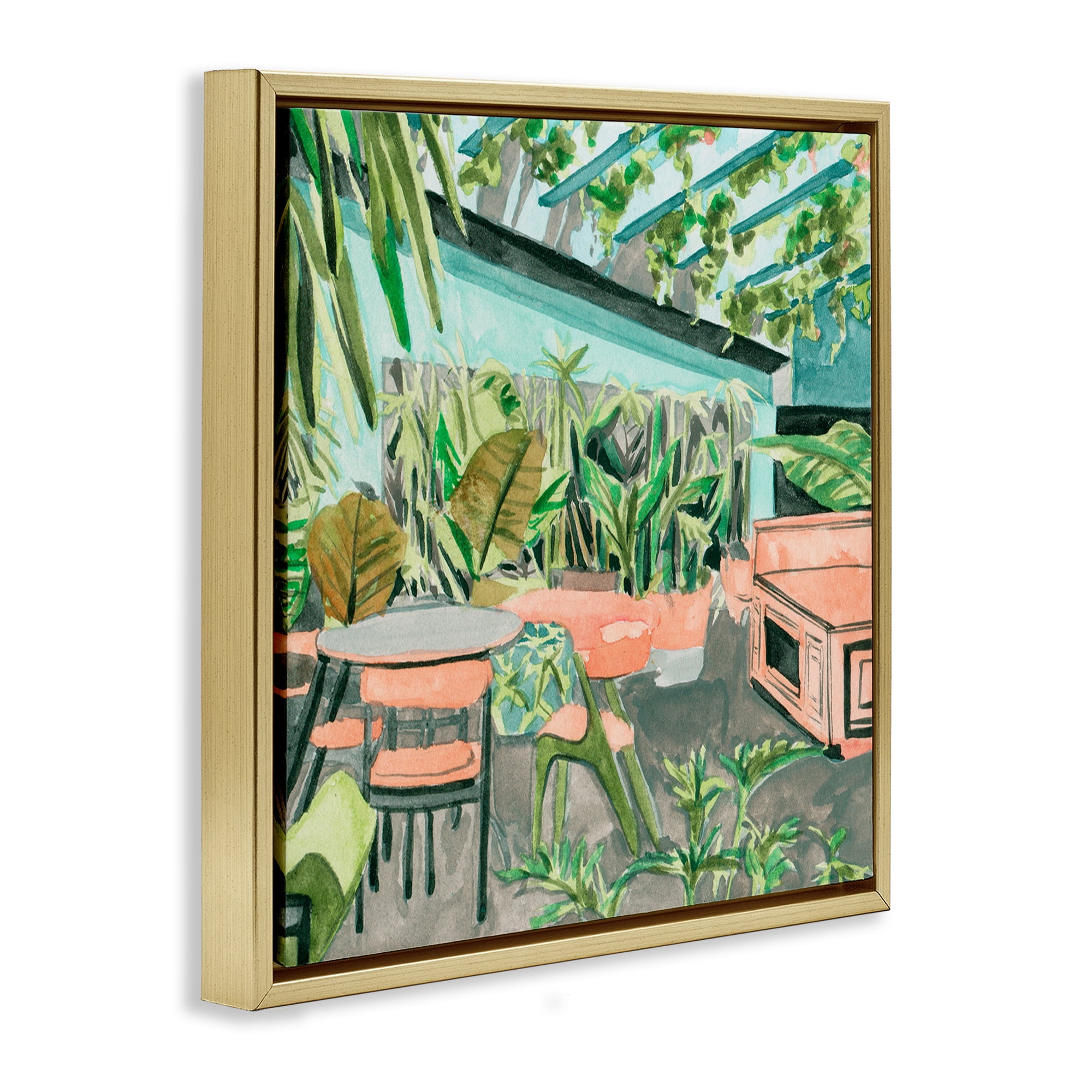Stupell Industries Greenhouse Plants Café Furniture Painting Gold Floater Framed Canvas Art Print Wall Art, 25 x 25
