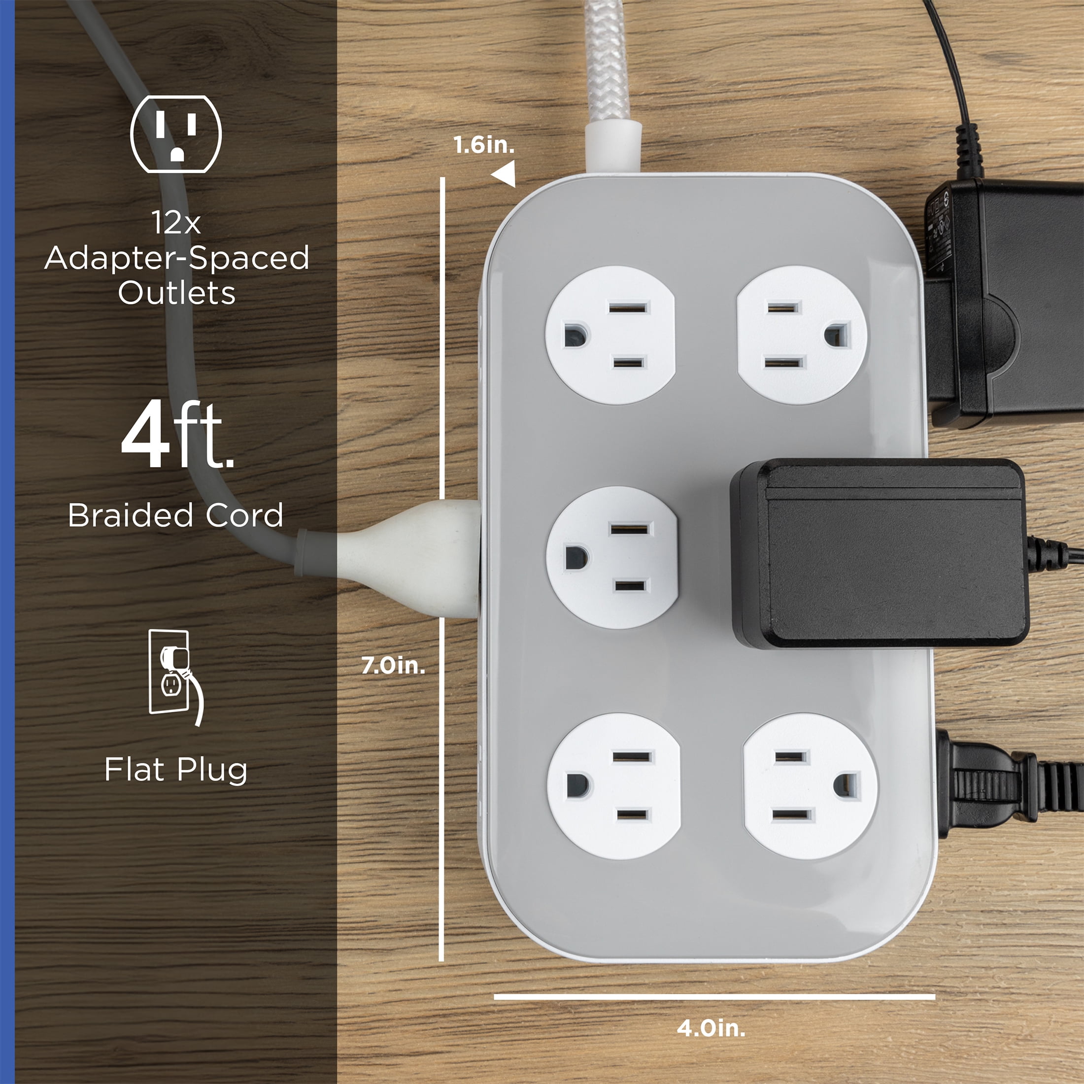 GE Surge Protector Power Strip, 4ft  Braided Extension Cord, 12-Outlet Extender (Wide Spaced), 2100 Joules, Flat Plug, ETL Safety Listed, Gray/White