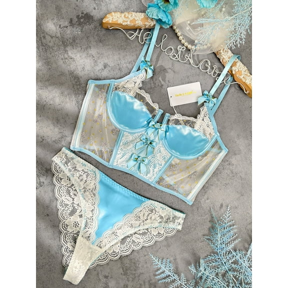 Baby Blue Satin Rosette Bow Lingerie Set (BLUE, S)