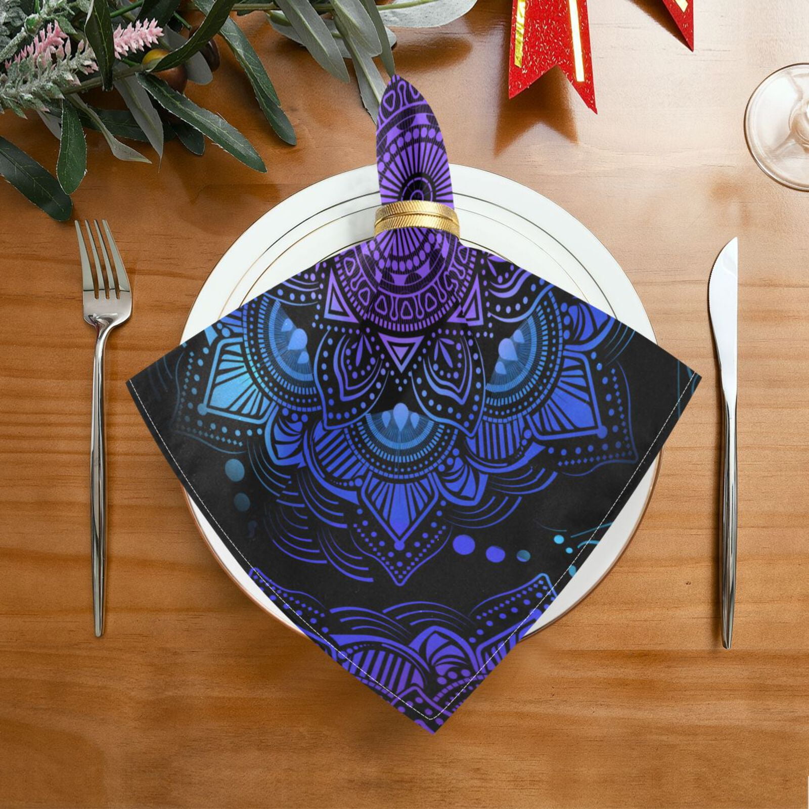 JSTEL Mandala Boho Bohemian Lotus Cloth Napkins Set of 6, 20x20 Inch Washable and Reusable Napkin for Decoupage Dinner Party Everyday Use