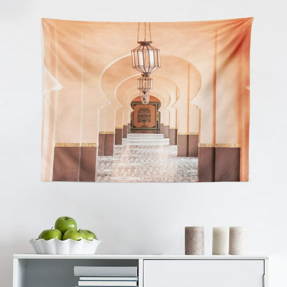 Oriental Tapestry, Vibrant Color Geometric Eastern Motif Retro Pattern, Fabric Wall Hanging Decor for Bedroom Living Room Dorm, 2 Sizes, Mustard Violet, by Ambesonne