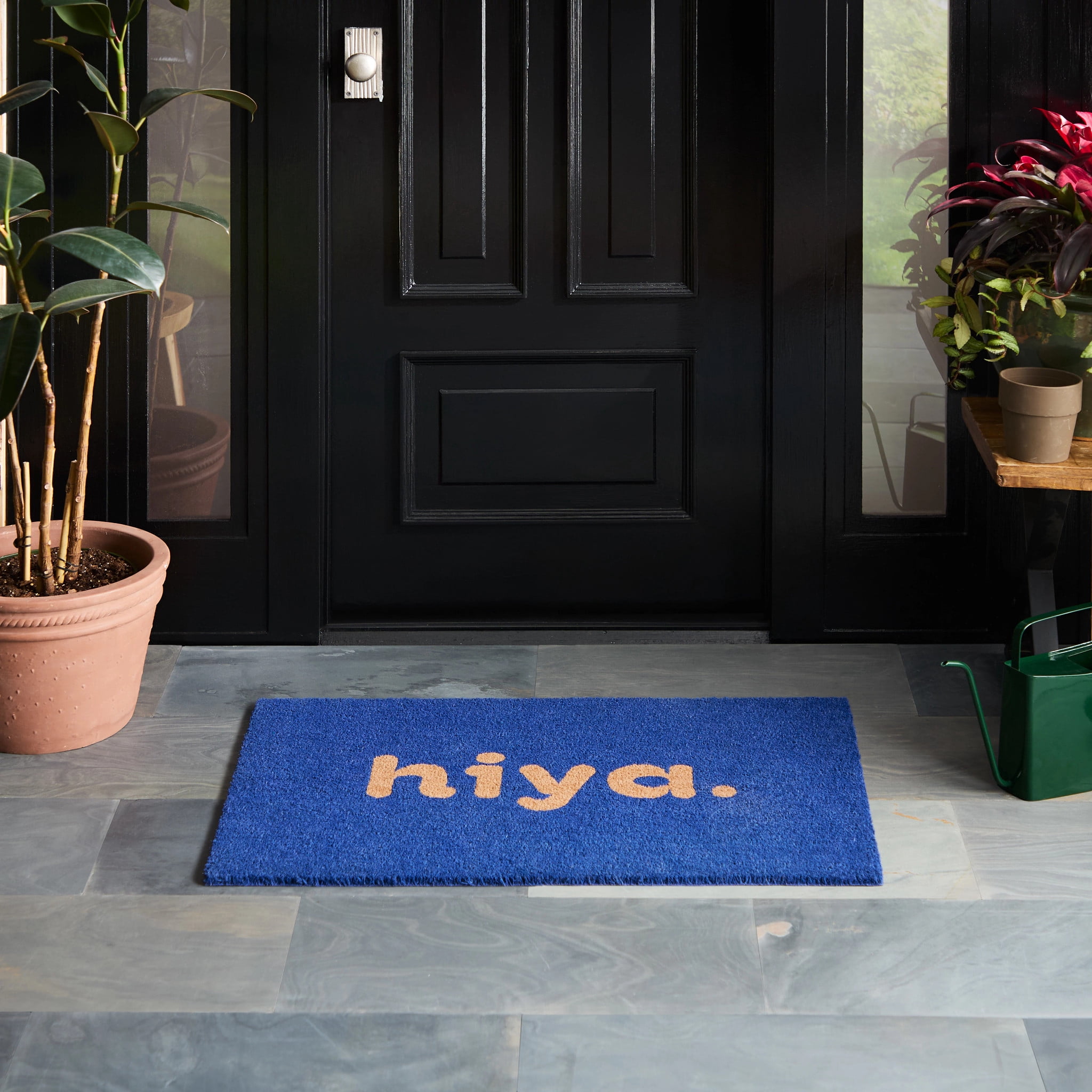 TOWN & COUNTRY TERRA Hiya Painted Welcome Outdoor Door Mat, Natural Coir, Heavyweight, Non-Slip Entryway Mat, Blue, 24"x36"