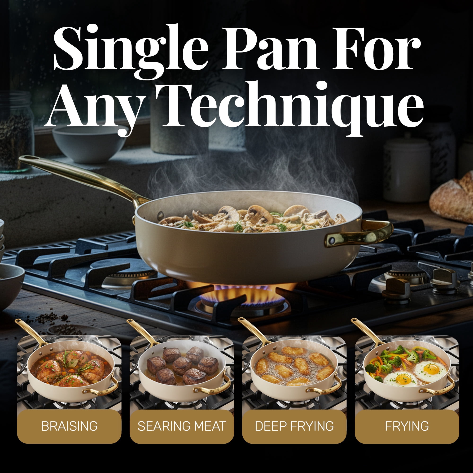 Gotham Steel Modern 12 Inch Ceramic Frying Pan Non Stick with Lid, 4 Quart Large Jumbo Cooker with Helper Handle, Saute Pan Nonstick Skillet, Nonstick Deep Frying Pan with Lid, Cream