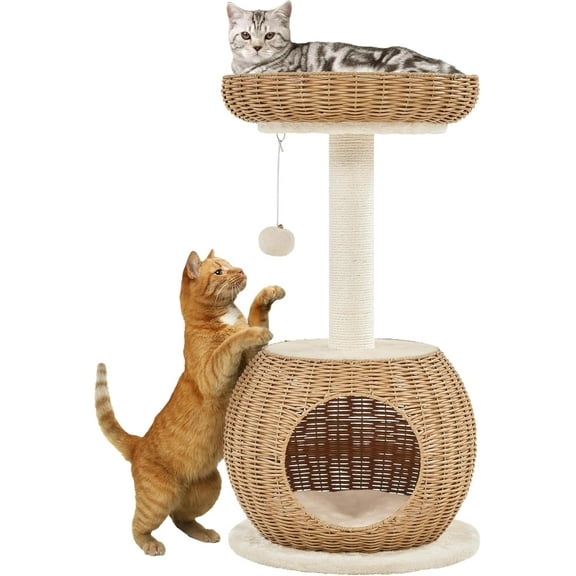RONG-3 Cat Tree,  Rattan Cat Tower for Indoor Cats w/Scratching Post, Woven Cat Condo and Soft Cushion Top Perch, Aesthetic Cat Tree for Kittens