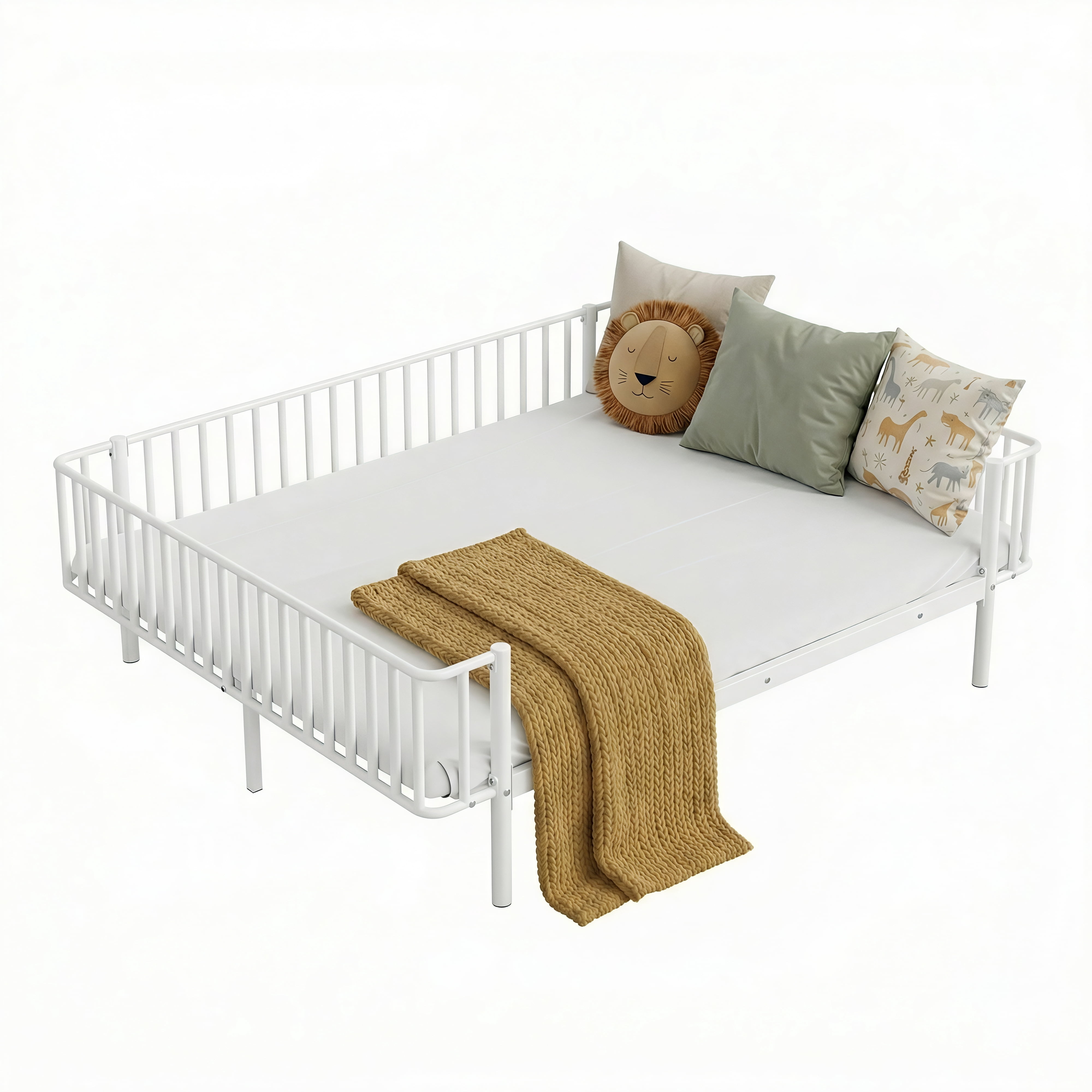 Euroco Metal Queen Size Daybed, Sturdy Metal Sofa Bed with Guardrails, No Box Spring Needed, White