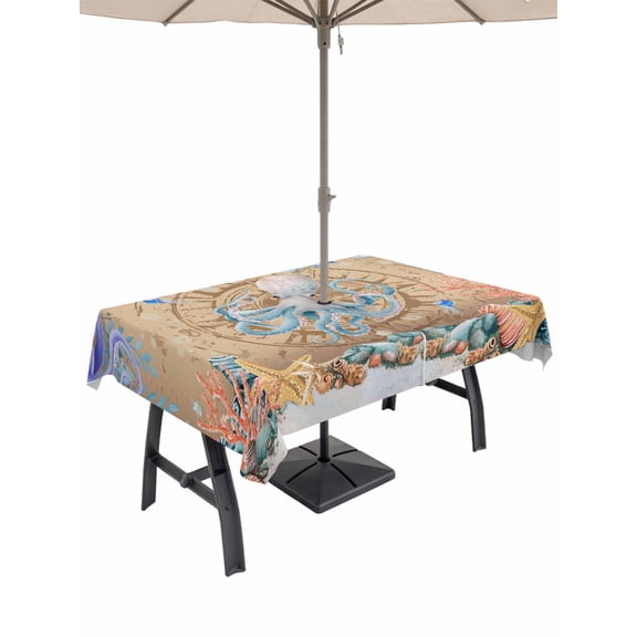 Outdoor Tablecloth with Umbrella Hole for Patio/Picnic/Party/Camping, Octopus Coastal Waterproof Table Cloth Rectangle Table Cover Washable, Summer Nautical Starfish Coral Brown Anchor (52"x 70")