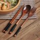 thumbnail image 4 of Juego de cubiertos de madera 2X, juego portátil de madera, palillos, cuchara, tenedor, vajilla con hilo trenzado negro, 4 of 8