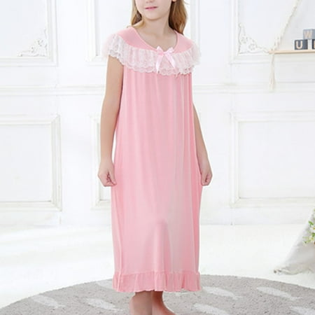 TOOYOU Girls Pajamas Lace Shoulder Crew Neck Long Sleepwear Soft Solid Color Pajama Dress Nightgowns Toddler Loungewear Two-Piece Set Pink