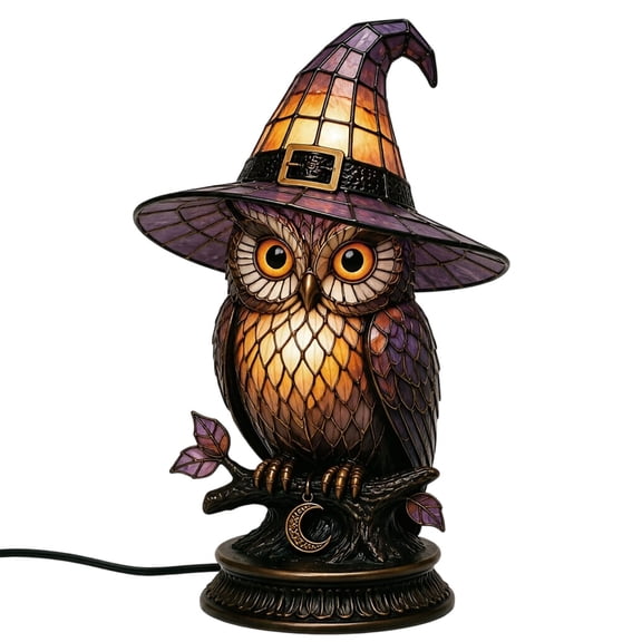 AJKHSAHDFJ Stained Glass Witch Hat Lamp,Halloween Decorations Retro Resin Witch Cats Lamp,Gothic Decor,Vintage Witchy and Cats Halloween Night Lights, Table Lamps for Bedroom, Living Room,Black,A