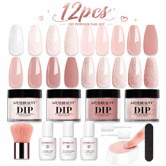 Azurebeauty Dip Powder Nail Kit Starter, All Season Nude Skin Glitter 4 Colors Dipping Powder Liquid Set Recycling Tray with Base & Top Coat Activator for French Nail Art Manicure Salon DIY at Home.