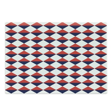 Americana Cutting Board, Half Triangles Diamond Shapes Retro Navy Inspired Art Print, Decorative Tempered Glass Cutting and Serving Board, Large Size, Red Dark Blue and White, by Ambesonne