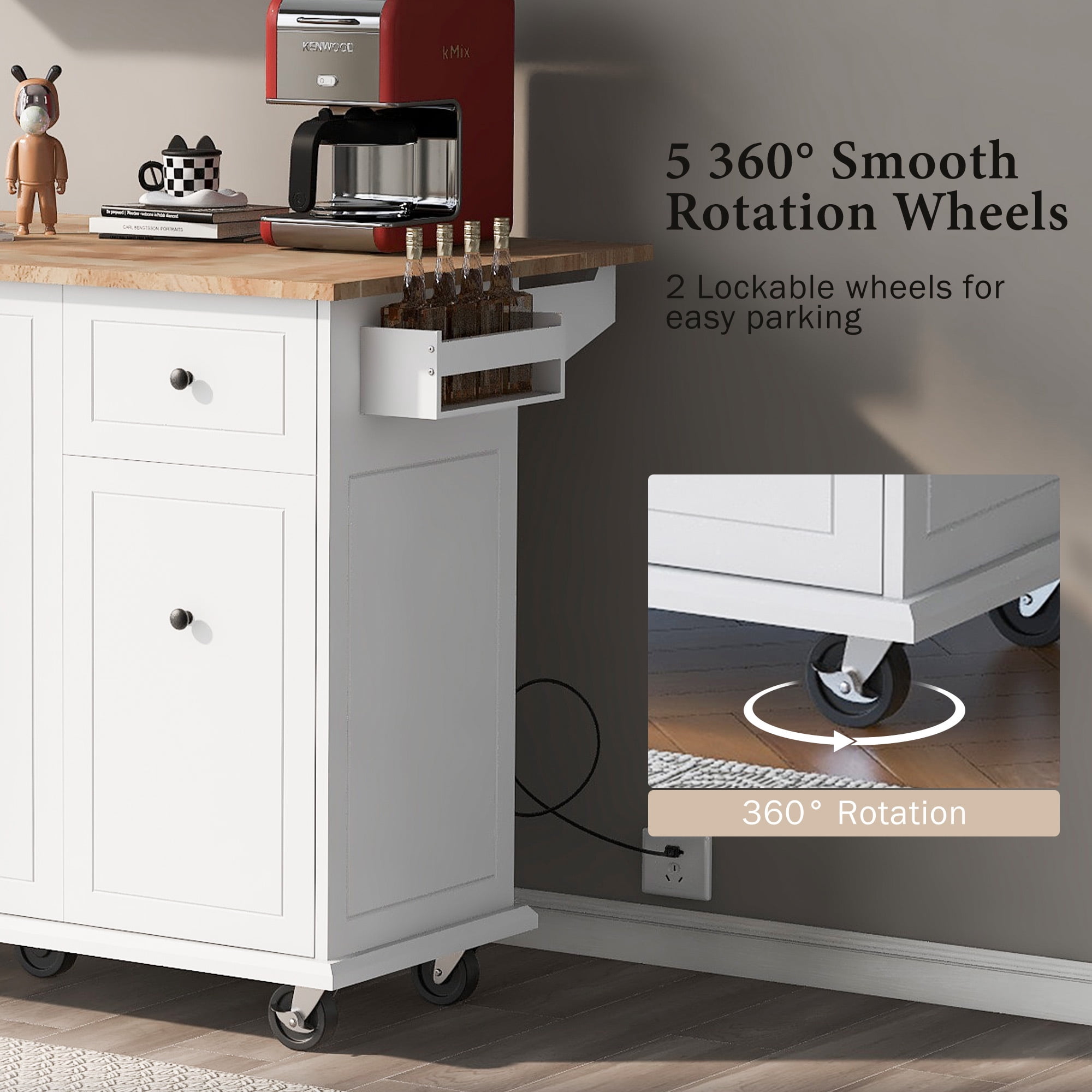 DEALTOPS Kitchen Island with Drop Leaf, 53.9" Rolling Kitchen Cart on Wheels with Storage Rack and Pull Out Cabinet Organizer-White