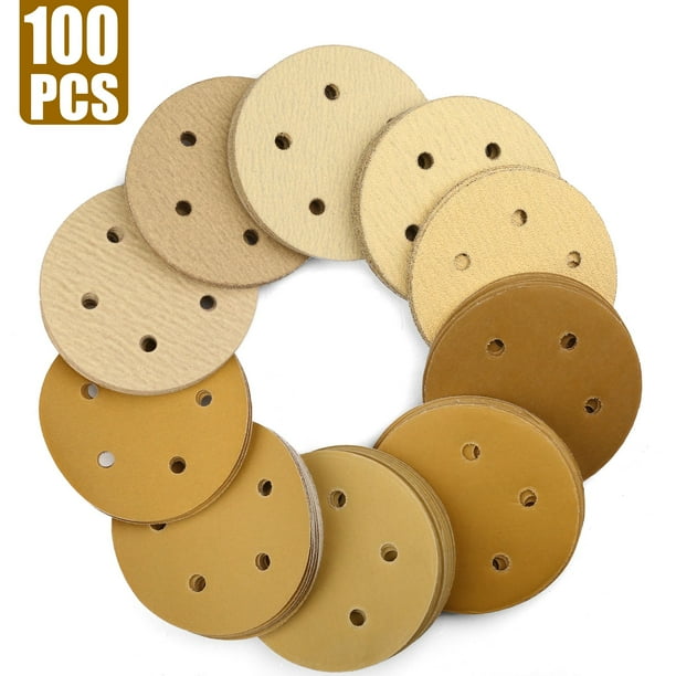 100PCS 5 Inch 5 Holes Hook and Loop Sanding Discs, 60 80 120 180 220