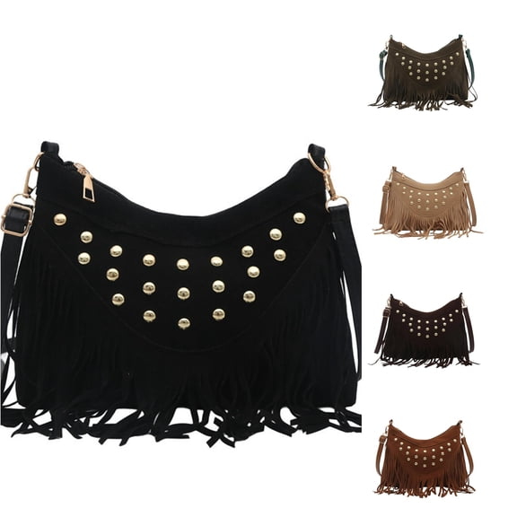 XINXIAOO Women's Retro Messenger Bag with Fringe & Studs, Casual Crossbody Shoulder Purse for Daily Use
