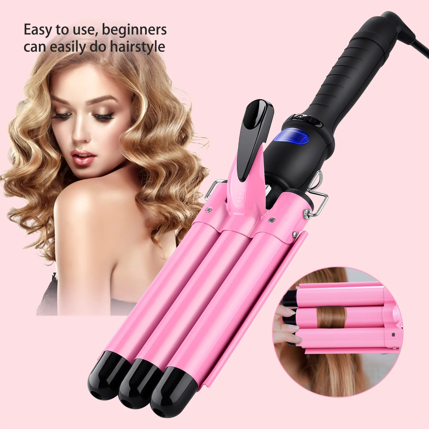 3 BARREL CURLING IRON WAND, JUNGLE WAVE 1″ CERAMIC TRIPLE BARRELS HAIR CRIMPER WITH LCD DISPLAY, GIFT FOR MOTHER’S DAY, PINK