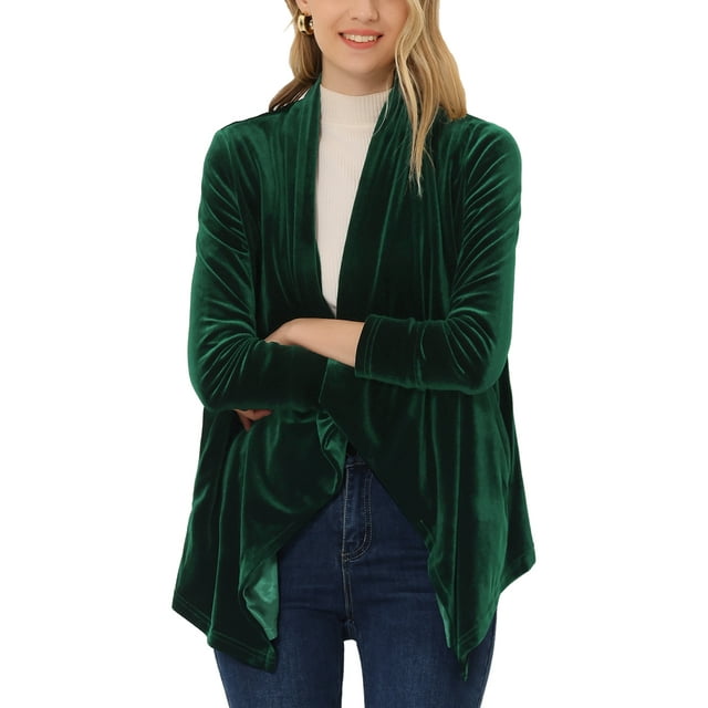 INSPIRE CHIC Women's Shawl Collar Open Front Pockets Stretchy Velvet Cardigan M Green