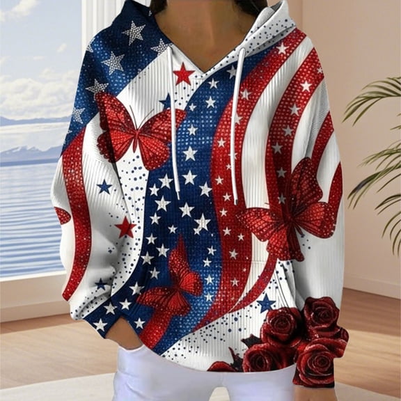 Women's Graphic Print Hoodie - Long Sleeve Pullover Sweatshirt, Blue
