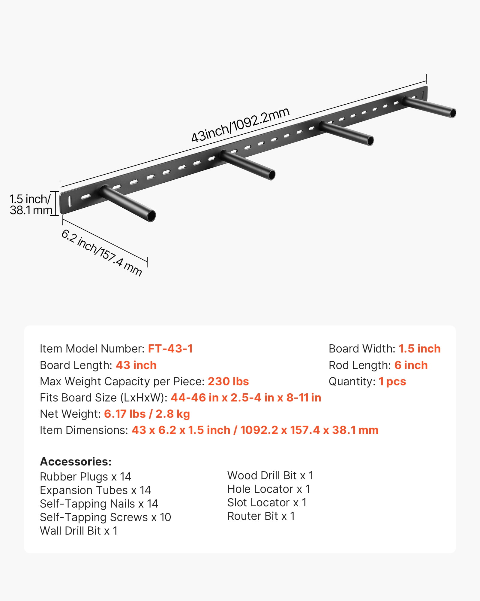 VEVOR Floating Shelf Bracket 1 Pack, 230 lbs/104 kg Weight Capacity, 43x6.2x1.5 inch / 1092.2x157.4x38.1 mm, Heavy Duty Hidden Shelf Brackets Support