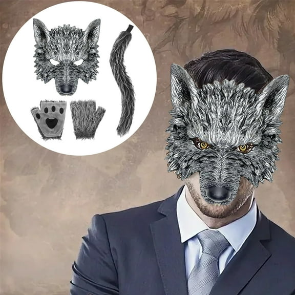 Wolf Costume Set for Adults & Teens - Gray Wolf Ear Headband, Gloves, Tail & Mask Kit - Lightweight Role Play Outfit for Halloween, Fancy Dress, Carnival & Stage Performances