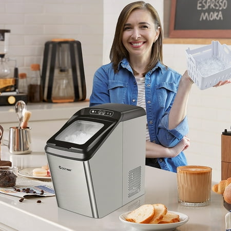 Costway - Nugget Ice Maker Machine Countertop Chewable Ice Maker 29lb/Day Self-Cleaning - Silver