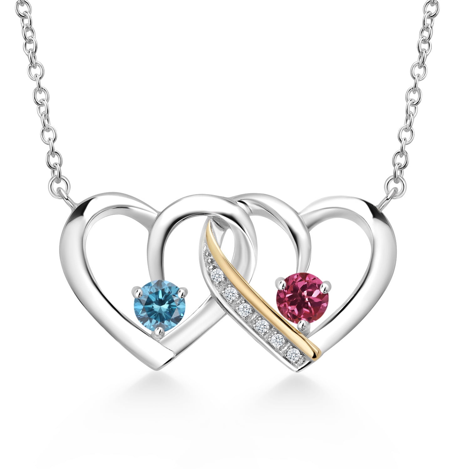 925 Silver and 10K Yellow Gold Blue Lab Grown Diamond and Pink Tourmaline and Lab Grown Diamond Necklace for Women | 0.58 Cttw | Gemstone April Birthstone | Round 4MM | With 18 inch Silver Chain