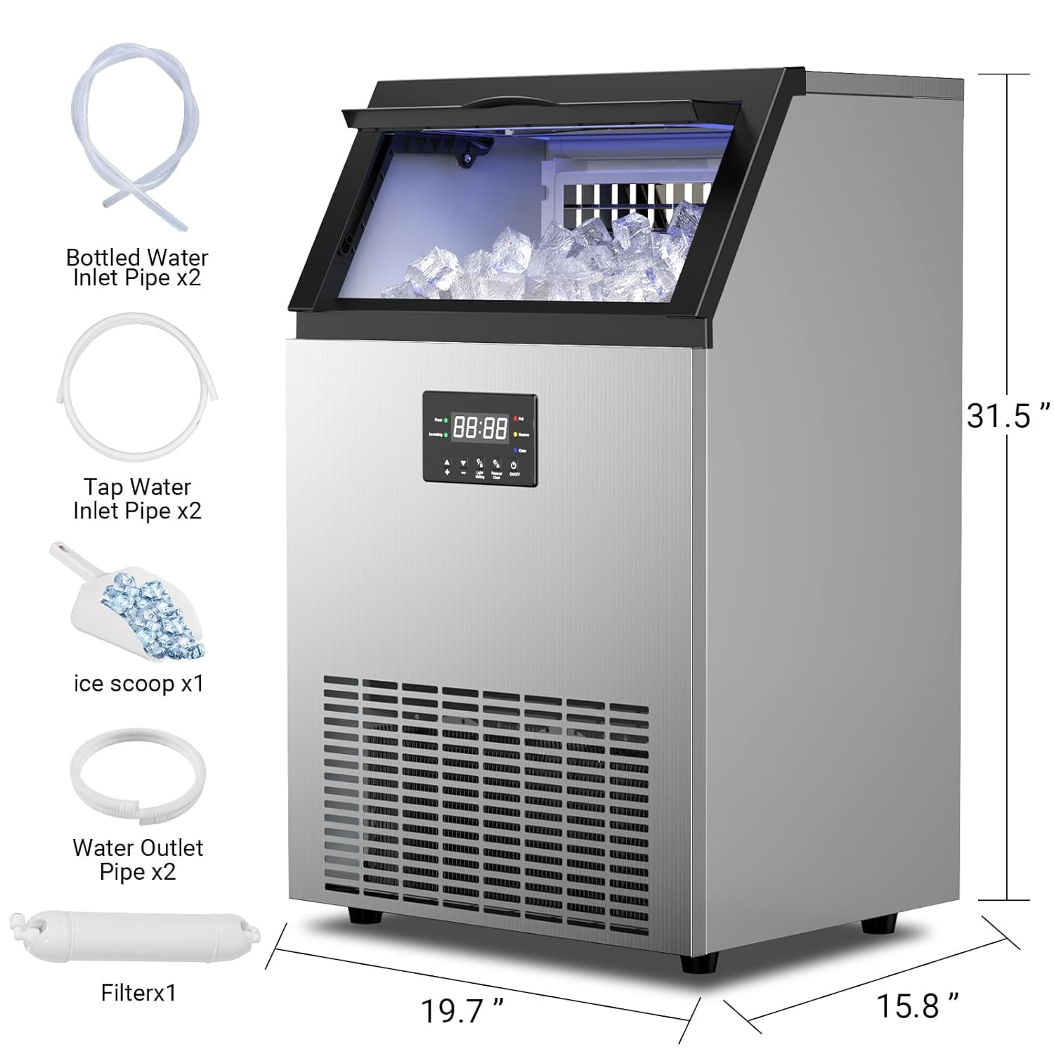 High-Volume Commercial Ice Maker - 165Lbs/24H Output, 45Lbs Storage Bin, 5-15 Minute Ice Ready, Stainless Steel with Water Line Hookup & 12 Thickness Settings