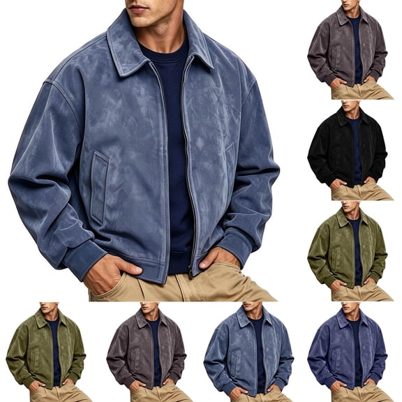 Hulanddfd Men Jacket Faux Leather Bomber Collared Zip Up Flap Pockets Long Sleeve Casual Motorcycle Streetwear Fall Winter Outerwear