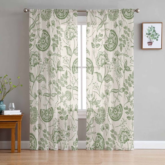 ERUNPONLY Sage Green Spring Floral Sheer Curtains 63 Inch Length 2 Panels Set, Retro Summer Botanical Farmhouse Voile Window Treatment Curtains Sheers Drapes for Bedroom/Living Room/Kitchen 52x"63"x2