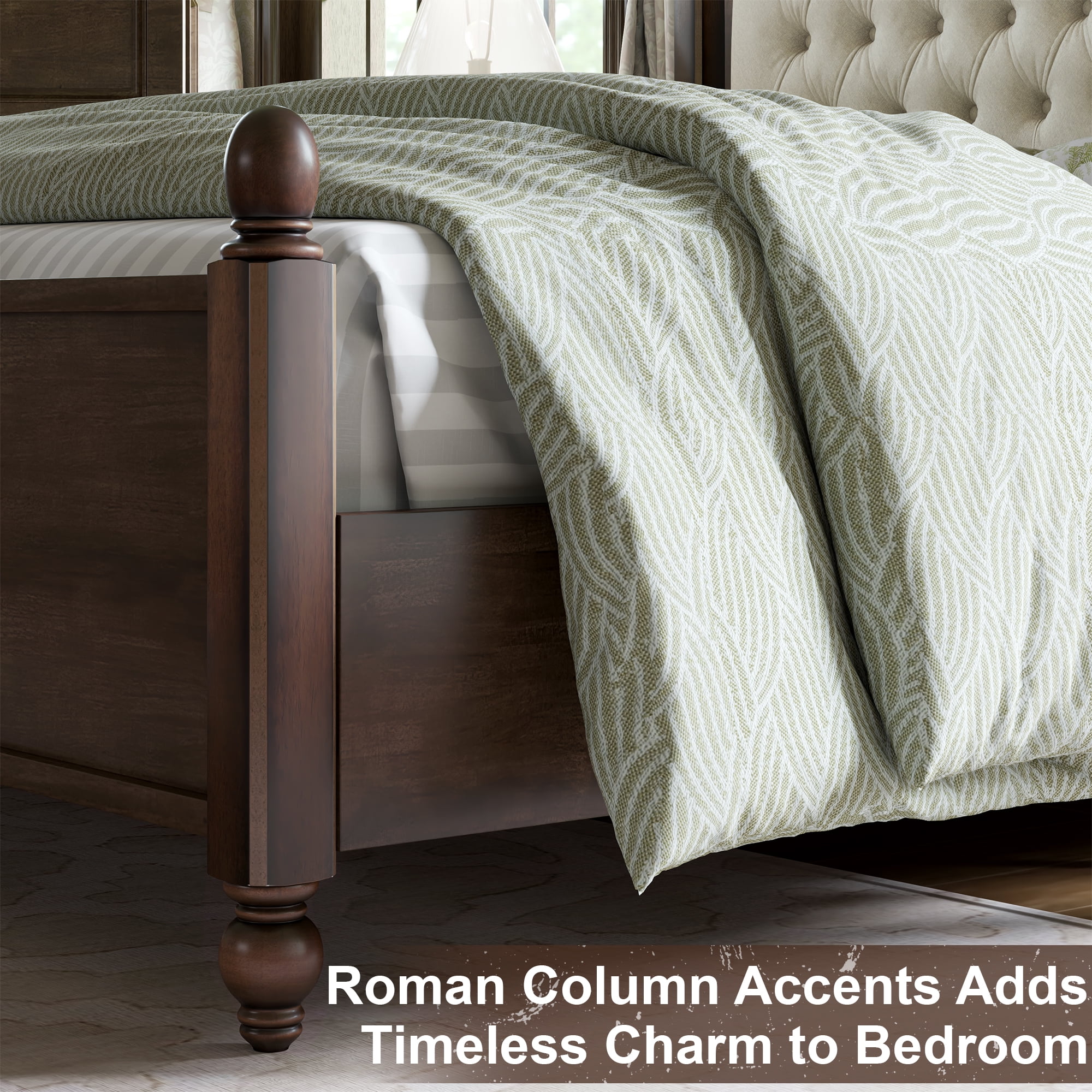 VANACC Queen Wood Bed Frame with 52.5" Upholstered Headboard, Wood Slat Support, No Box Spring
