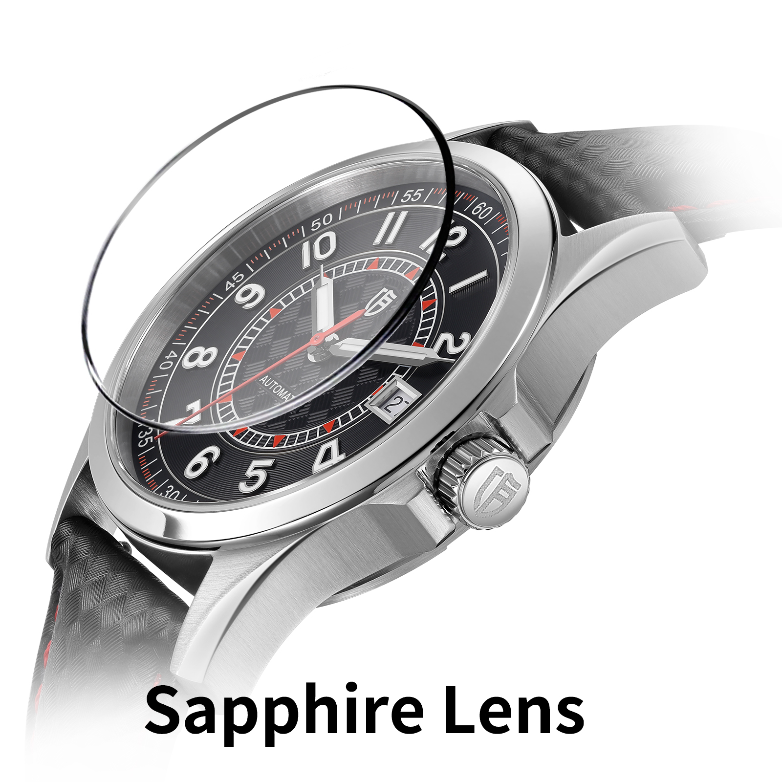 BERNY Men's Automatic Watch, Leather Strap Mechanical Watch with Date, Super Luminous, Sapphire Crystal, 10ATM Waterproof, Fashion Casual Wristwatch for Men (Red)