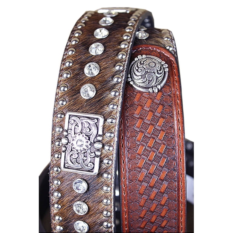 Nocona Western Belt Mens Leather Rhinestones Hair Brown  display picture 2