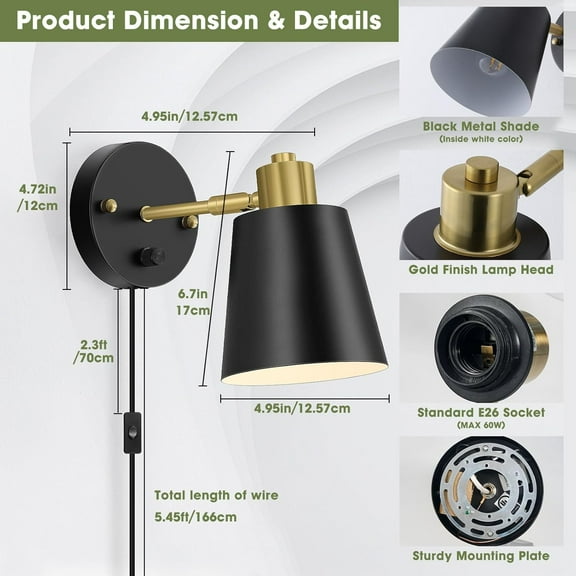 Plug in Wall Sconces Set of 2, Dimmable Wall Lights with Plug in Cord and Dimmer On/Off Knob Switch, Adjustable Angle Black Wall Mounted  for Bedside Bedroom Living Room (2 Bulbs Included)