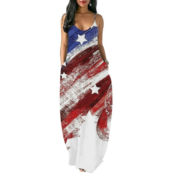 KOMOO Women Sleeveless Sundress Stars and Stripes Print VNeck Loose Dress Independence Day Pockets Long Dress